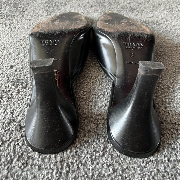 Prada Mules Black Leather Slip On Kitten Heels Slides Shoes Size 37 Made Italy - Picture 13 of 16
